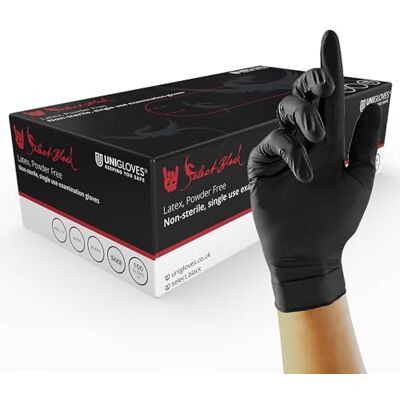 UNIGLOVES Select Black Latex Gloves Powder Free Disposable Gloves for Beauty, Piercing and Tattoo Artists Box of 100 Gloves, Black, Extra Small (GT0021) UNIGLOVES Select Black Latex Gloves Powder Free Disposable Gloves for Beauty, Piercing and Tattoo Artists Box of 100 Gloves, Black, Extra Small (GT0021)