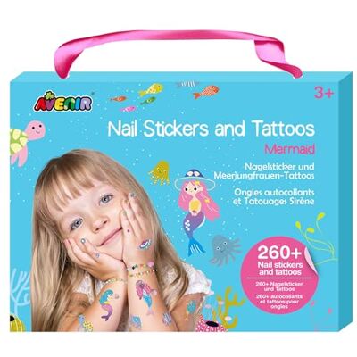 Avenir Nail Stickers and Tattoos Mermaid Craft Set Kids Ages 3+ 2 tattoo sheets plus 1 sticker sheet; storage box with handle; gentle removal with baby oil; multilingual guide Avenir Nail Stickers and Tattoos Mermaid Craft Set Kids Ages 3+ 2 tattoo sheets plus 1 sticker sheet; storage box with handle; gentle removal with baby oil; multilingual guide
