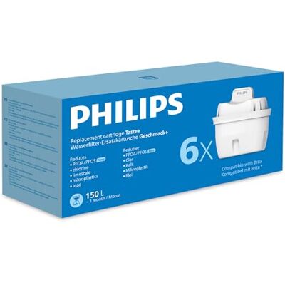 Philips Water Replacement Filter Cartridges Taste+, 6-Pack, Reduces MICROPLASTICS, Chlorine, LIMESCALE, Heavy Metals, Packaging May Vary, Compatible with Brita* Philips Water Replacement Filter Cartridges Taste+, 6-Pack, Reduces MICROPLASTICS, Chlorine, LIMESCALE, Heavy Metals, Packaging May Vary, Compatible with Brita*
