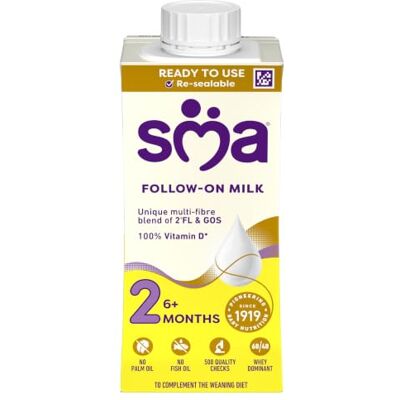 SMA Nutrition SMA 2 Follow-on Baby Milk Ready Liquid Formula 6 Months+ To complement the weaning diet. With unique multi-fibre blend of 2'FL & GOS to increase friendly bacteria in baby's gut* SMA Nutrition SMA 2 Follow-on Baby Milk Ready Liquid Formula 6 Months+ To complement the weaning diet. With unique multi-fibre blend of 2'FL & GOS to increase friendly bacteria in baby's gut*