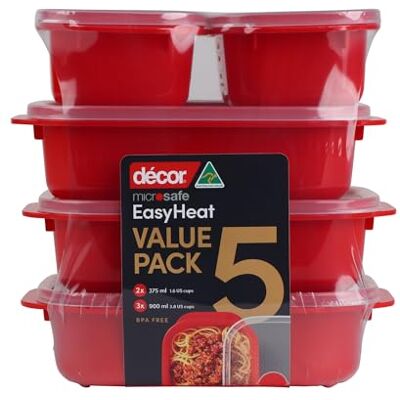 Décor Microwave Food Containers Set 5 Pack 2 x 375ml, 3 x 900ml Steam Release Vent Dishwasher & Freezer Safe Red Décor Microwave Food Containers Set 5 Pack 2 x 375ml, 3 x 900ml Steam Release Vent Dishwasher & Freezer Safe Red