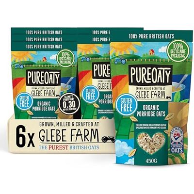 Glebe Farm Gluten Free PureOaty Organic Porridge Oats 6PK, Healthy Wholegrain For Slow Release Energy, 100% British, All-Natural & High In Fibre, Tasty Porridge, No Nasties, 6x 450g Glebe Farm Gluten Free PureOaty Organic Porridge Oats 6PK, Healthy Wholegrain For Slow Release Energy, 100% British, All-Natural & High In Fibre, Tasty Porridge, No Nasties, 6x 450g