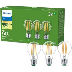 Philips Clear Ultra-Efficient Filament LED Bulb (3 Pack), E27, 4W Equivalent to 60W, Warm White Light 2700K, Energy Efficiency A Philips Clear Ultra-Efficient Filament LED Bulb (3 Pack), E27, 4W Equivalent to 60W, Warm White Light 2700K, Energy Efficiency A