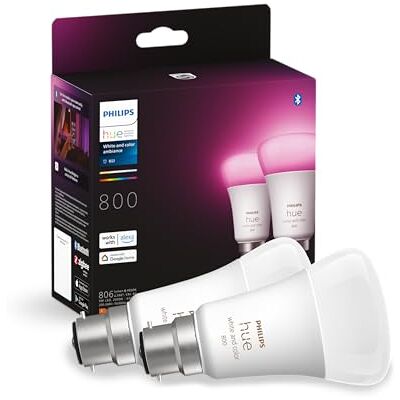 Philips Smart Bulb Twin Pack, 2 Count (Pack of 1) White and Colour Ambience, B22 Bayonet Cap, Smart LED, 806 Lumens, 60W, Bluetooth App Control, Indoor Lighting, Smart Home Philips Smart Bulb Twin Pack, 2 Count (Pack of 1) White and Colour Ambience, B22 Bayonet Cap, Smart LED, 806 Lumens, 60W, Bluetooth App Control, Indoor Lighting, Smart Home