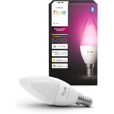 Philips Smart LED Candle Bulb, B39, E14, 1 Pack, White and Color Ambiance, Full Spectrum Light 1000 K-20000 K, 500 lm, Ultra-Low Dimming, Chromasync, Alexa, Google Home, Apple Home Philips Smart LED Candle Bulb, B39, E14, 1 Pack, White and Color Ambiance, Full Spectrum Light 1000 K-20000 K, 500 lm, Ultra-Low Dimming, Chromasync, Alexa, Google Home, Apple Home