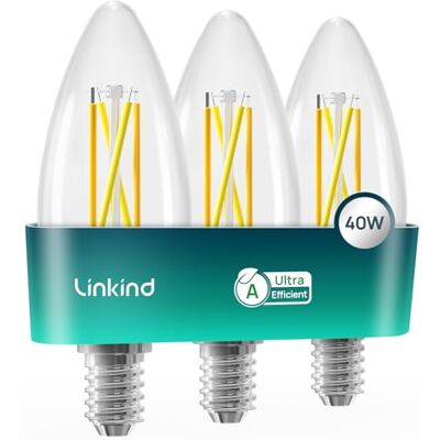 Linkind E14 Candl Bulb A-Rated, Warm White, 2.2W = 40W, 470LM, Pack of 3 Ultra Efficient 213lm/W, 50000H Lifespan, 2700K, Small Edison Screw E14 Vintage Filament Bulb, Non-dimmable Linkind E14 Candl Bulb A-Rated, Warm White, 2.2W = 40W, 470LM, Pack of 3 Ultra Efficient 213lm/W, 50000H Lifespan, 2700K, Small Edison Screw E14 Vintage Filament Bulb, Non-dimmable