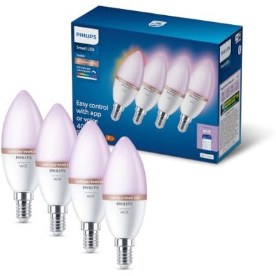 Philips Smart Lighting, Smart LED RGB C37 Bulb, 4 Pack, E14 Base, 470 lm, Color and Tunable White Light 2200-6500 K, Low Dimming, Connected by WiZ, Alexa, Google Home, Apple Home Philips Smart Lighting, Smart LED RGB C37 Bulb, 4 Pack, E14 Base, 470 lm, Color and Tunable White Light 2200-6500 K, Low Dimming, Connected by WiZ, Alexa, Google Home, Apple Home