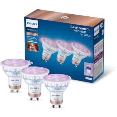 Philips , LED RGB GU10 Glass Light Bulb, 3 Pack Colour and Tunable White Light 2200-6500K, Smart LED, 345Lm, Low Dimming, Premium Glass, Bluetooth App Control, Smart Home Philips , LED RGB GU10 Glass Light Bulb, 3 Pack Colour and Tunable White Light 2200-6500K, Smart LED, 345Lm, Low Dimming, Premium Glass, Bluetooth App Control, Smart Home