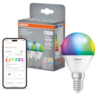 OSRAM SMART+ Drops with Matter Over WiFi, Value Pack of 2, E14 Socket, 9W, 16 Million RGB Colours, Warm White Daylight White (2700-6500K), Works with Alexa, Google and Apple, Pack of 2 OSRAM SMART+ Drops with Matter Over WiFi, Value Pack of 2, E14 Socket, 9W, 16 Million RGB Colours, Warm White Daylight White (2700-6500K), Works with Alexa, Google and Apple, Pack of 2