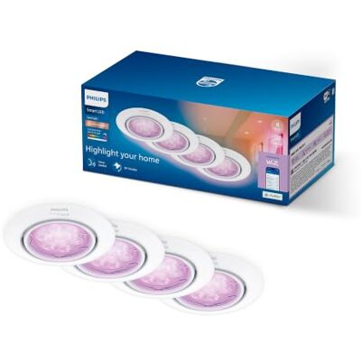 Philips Smart Lighting GU10 Kit, Voice-Controlled Light Bulb, 4 Pack, White Tunable White and Colour Light 2200K–6500K, Total Solution, Tiltable Head, Dimmable, Bluetooth App and Voice Control Philips Smart Lighting GU10 Kit, Voice-Controlled Light Bulb, 4 Pack, White Tunable White and Colour Light 2200K–6500K, Total Solution, Tiltable Head, Dimmable, Bluetooth App and Voice Control
