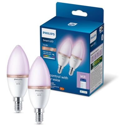 Philips Smart Lighting, RGB C37 Light Bulb, E14 Base, 2 Pack Colour and Tunable White Light 2200-6500 K, E14 Base, Smart LED, 470 Lm, Low Dimming, Bluetooth App Control, Smart Home Philips Smart Lighting, RGB C37 Light Bulb, E14 Base, 2 Pack Colour and Tunable White Light 2200-6500 K, E14 Base, Smart LED, 470 Lm, Low Dimming, Bluetooth App Control, Smart Home