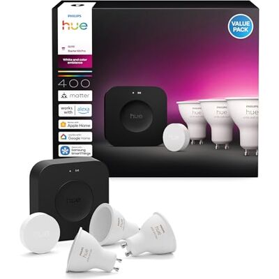 Philips Bridge Pro + Smart Button + GU10 Spotlights, 3 Pack Starter Kit, White and Colour Ambiance, Smart LED Light Hub, 16 Million Colours, Dimmable, Bluetooth Control, Smart Home Philips Bridge Pro + Smart Button + GU10 Spotlights, 3 Pack Starter Kit, White and Colour Ambiance, Smart LED Light Hub, 16 Million Colours, Dimmable, Bluetooth Control, Smart Home