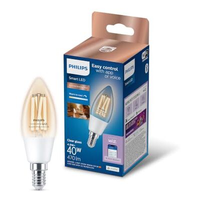 Philips Smart Lighting, LED C35 Filament Bulb, E14 Base Tunable White Light 2700-6500 K, Smart Bulb, 470 Lm, Low Dimming, Bluetooth App Controlled, Decorative, Smart Home Philips Smart Lighting, LED C35 Filament Bulb, E14 Base Tunable White Light 2700-6500 K, Smart Bulb, 470 Lm, Low Dimming, Bluetooth App Controlled, Decorative, Smart Home