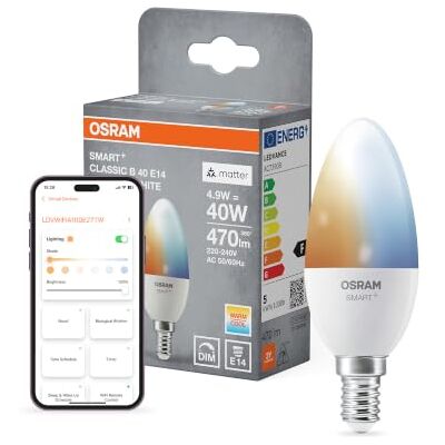 OSRAM SMART+ Matter Classic Shapes Tunable White B40 4.9W E14 SMART+ MATTER Tunable White Classic, LED Lamps, White, 39 mm dia, 20000 h, Pack of 1 OSRAM SMART+ Matter Classic Shapes Tunable White B40 4.9W E14 SMART+ MATTER Tunable White Classic, LED Lamps, White, 39 mm dia, 20000 h, Pack of 1