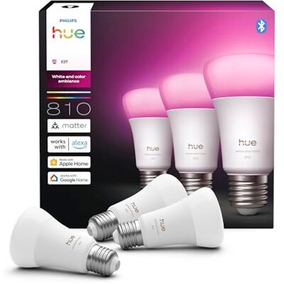 Philips Smart LED A60 Bulb, White and Color Ambiance, E27 Base, 6W, Full Spectrum Light 1000K-20000K, 810 Lumens, Dimmable, Works with Alexa, Google Assistant, and Apple Home, 3 Pack Philips Smart LED A60 Bulb, White and Color Ambiance, E27 Base, 6W, Full Spectrum Light 1000K-20000K, 810 Lumens, Dimmable, Works with Alexa, Google Assistant, and Apple Home, 3 Pack