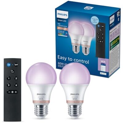 Philips Smart Lighting, Smart LED RGB A60 Bulb with Remote, 2 Pack, E27 Base, 806 lm, Color and Tunable White Light 2200-6500 K, Low Dimming, Connected by WiZ, Alexa, Google Home, Apple Home Philips Smart Lighting, Smart LED RGB A60 Bulb with Remote, 2 Pack, E27 Base, 806 lm, Color and Tunable White Light 2200-6500 K, Low Dimming, Connected by WiZ, Alexa, Google Home, Apple Home