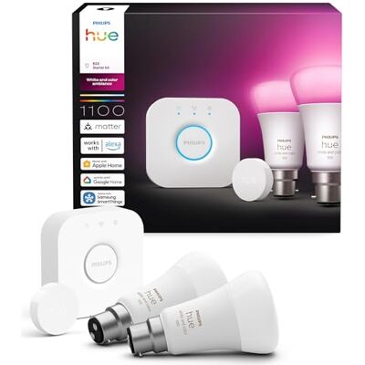 Philips Starter Kit: Bridge + 2 A60 B22 Smart Bulb Spotlights + Button, White and Color Ambiance, Smart Lights Hub, Works with Apple Home, Amazon Alexa, Google Assistant, SmartThings Philips Starter Kit: Bridge + 2 A60 B22 Smart Bulb Spotlights + Button, White and Color Ambiance, Smart Lights Hub, Works with Apple Home, Amazon Alexa, Google Assistant, SmartThings