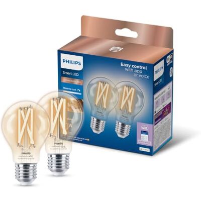 Philips Smart Lighting, LED Filament A60 Light Bulb, E27 Base, 2 Pack Tunable White Light 2700-6500 K, 806 Lm, Smart LED Bulb, Low Dimming, Bluetooth App Control, Decorative Design, Smart Home Philips Smart Lighting, LED Filament A60 Light Bulb, E27 Base, 2 Pack Tunable White Light 2700-6500 K, 806 Lm, Smart LED Bulb, Low Dimming, Bluetooth App Control, Decorative Design, Smart Home