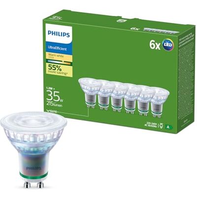 Philips Ultra Efficient Spotlight LED Bulb, GU10, 6 Pack Warm White Ambiance Light, Long Life, 215lm, 35W, Flicker-Free, 2700k, Energy Efficient, Bluetooth App Control, Smart Home Philips Ultra Efficient Spotlight LED Bulb, GU10, 6 Pack Warm White Ambiance Light, Long Life, 215lm, 35W, Flicker-Free, 2700k, Energy Efficient, Bluetooth App Control, Smart Home