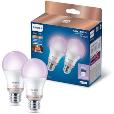 Philips Smart Lighting, Smart LED RGB A60 Bulb, 2 Pack, E27 Base, 1521 lm, Color and Tunable White Light 2200-6500 K, Low Dimming, Connected by WiZ, Alexa, Google Home, Apple Home Philips Smart Lighting, Smart LED RGB A60 Bulb, 2 Pack, E27 Base, 1521 lm, Color and Tunable White Light 2200-6500 K, Low Dimming, Connected by WiZ, Alexa, Google Home, Apple Home