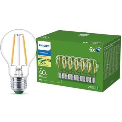Philips Ultra Efficient Ultra Energy Saving Lights, E27 LED Light Source, 40W, A60, Warm White, Pack of 6, Clear Philips Ultra Efficient Ultra Energy Saving Lights, E27 LED Light Source, 40W, A60, Warm White, Pack of 6, Clear