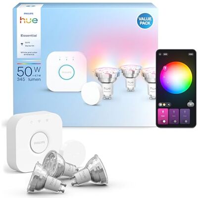 Philips Essential Starter Kit: Hue Bridge + 3 GU10 Bulbs + Smart Button White and Colour Ambience, Smart LED, 2200K-6500K, Dimmable, Bluetooth App and Voice Control, Smart Home Philips Essential Starter Kit: Hue Bridge + 3 GU10 Bulbs + Smart Button White and Colour Ambience, Smart LED, 2200K-6500K, Dimmable, Bluetooth App and Voice Control, Smart Home