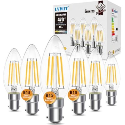 LVWIT 4W C35 Small Bayonet Bulb 40W Incandescent Bulbs Equivalent, B15 LED Filament Candle Bulb,470Lm, 2700K Warm White Candle B15 Bulbs Small Bayonet,220-240V,NO-Dimmable,(35MM*97MM/ 6 PCS) LVWIT 4W C35 Small Bayonet Bulb 40W Incandescent Bulbs Equivalent, B15 LED Filament Candle Bulb,470Lm, 2700K Warm White Candle B15 Bulbs Small Bayonet,220-240V,NO-Dimmable,(35MM*97MM/ 6 PCS)
