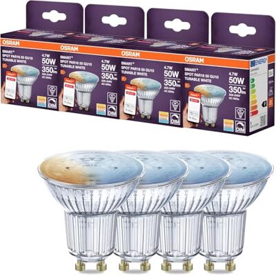 OSRAM SMART Zigbee Spotlight PAR16 Transparent Lead Free Glass 4.7W TW Dimmable GU10, IP20 Protection, Private and Commercial Use, 4-Pack OSRAM SMART Zigbee Spotlight PAR16 Transparent Lead Free Glass 4.7W TW Dimmable GU10, IP20 Protection, Private and Commercial Use, 4-Pack
