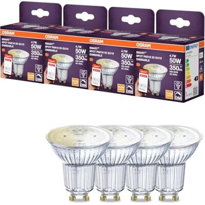 OSRAM Smart LED Spot PAR16 Reflector GU10, 4.7W ZigBee 3.0, Dimmable 2700K Warm White, App Control, Alexa, Smart Home, 4-Pack OSRAM Smart LED Spot PAR16 Reflector GU10, 4.7W ZigBee 3.0, Dimmable 2700K Warm White, App Control, Alexa, Smart Home, 4-Pack