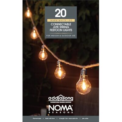Noma Connectable Jute Rope Festoon Lights, 20 Warm White LED's, 10.6m Noma Connectable Jute Rope Festoon Lights, 20 Warm White LED's, 10.6m