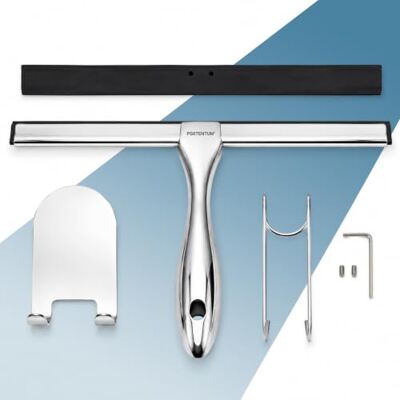 PORTENTUM Shower squeegee chrome stainless steel 25 cm – Window squeegee for shower screen, mirror, tiles and car glass – Shower cleaner with no drill adhesive holder, hook and replacement blade PORTENTUM Shower squeegee chrome stainless steel 25 cm – Window squeegee for shower screen, mirror, tiles and car glass – Shower cleaner with no drill adhesive holder, hook and replacement blade