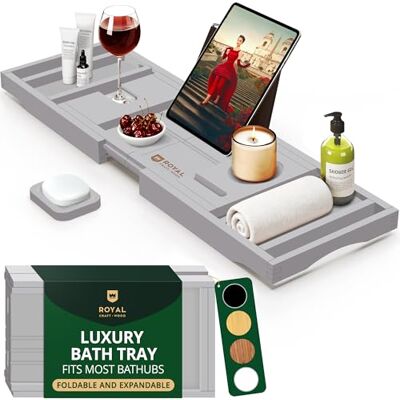 ROYAL CRAFT WOOD Luxury Bamboo Bathtub Caddy Tray with Book and Wine Holder One or Two Person Bath and Bed Tray with Extending Sides Free Soap Dish (Gray) ROYAL CRAFT WOOD Luxury Bamboo Bathtub Caddy Tray with Book and Wine Holder One or Two Person Bath and Bed Tray with Extending Sides Free Soap Dish (Gray)