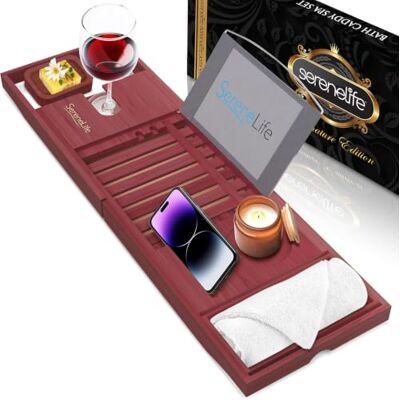 SereneLife Bamboo Bathtub Tray – Adjustable Caddy, Book & Tablet Holder, Removable Accessory Trays, Ergonomic Design, Wine Glass Slot, Relaxing Spa Gift for Home or Bathroom Use Brown SereneLife Bamboo Bathtub Tray – Adjustable Caddy, Book & Tablet Holder, Removable Accessory Trays, Ergonomic Design, Wine Glass Slot, Relaxing Spa Gift for Home or Bathroom Use Brown