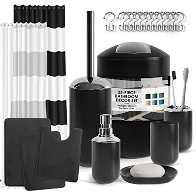 Clara Clark Black Bathroom Accessory Set 23PC Complete Set with Bath Rugs, Shower Curtain Set, Soap Dispenser, Toilet Brush & Trash Can Clara Clark Black Bathroom Accessory Set 23PC Complete Set with Bath Rugs, Shower Curtain Set, Soap Dispenser, Toilet Brush & Trash Can