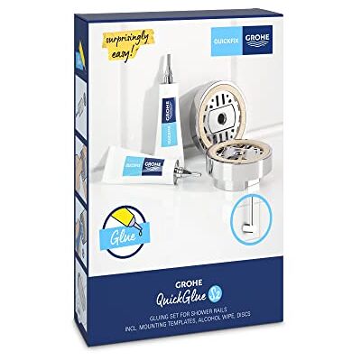 Grohe QuickGlue S2 Set with 2 Glues, 2 Mounting Templates, 2 Discs and 1 Alcohol Wipe for QuickFix Shower Rails (Except Vitalio SmartActive), Curing Time 24 Hours, 41245000 Grohe QuickGlue S2 Set with 2 Glues, 2 Mounting Templates, 2 Discs and 1 Alcohol Wipe for QuickFix Shower Rails (Except Vitalio SmartActive), Curing Time 24 Hours, 41245000