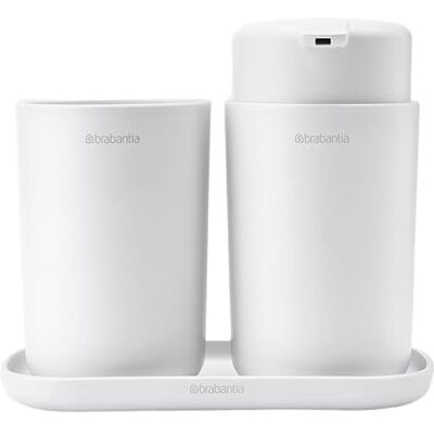 Brabantia ReNew 3 Piece Bathroom Accessory Set, Set of 3, Refillable Handwash Soap Dispenser, Toothbrush Holder & Tray, White Brabantia ReNew 3 Piece Bathroom Accessory Set, Set of 3, Refillable Handwash Soap Dispenser, Toothbrush Holder & Tray, White