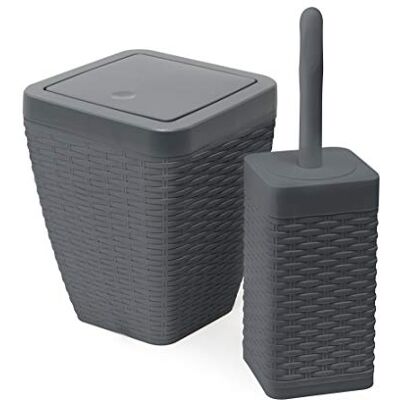 Addis Faux Rattan Square Bathroom Set Includes Swing Bin & Toilet Set Brush, Calico Linen Faux Leather Plastic, Charcoal Addis Faux Rattan Square Bathroom Set Includes Swing Bin & Toilet Set Brush, Calico Linen Faux Leather Plastic, Charcoal
