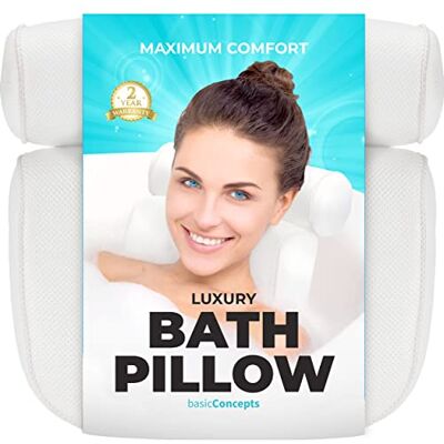 BASIC CONCEPTS Bathtub Pillow for Neck and Back Support with Drying Hook, bathtub pillow Machine Headrest for Soaking & Straight Back Tubs Bath Accessories, machine washable, 6 suction cups BASIC CONCEPTS Bathtub Pillow for Neck and Back Support with Drying Hook, bathtub pillow Machine Headrest for Soaking & Straight Back Tubs Bath Accessories, machine washable, 6 suction cups