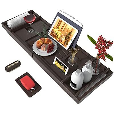 Bamfan Bathtub Caddy Tray for Luxury Bath Bamboo Waterproof Expandable Bath Table Over Tub with Wine and Book Holder and Free Soap Dish (Brown) Bamfan Bathtub Caddy Tray for Luxury Bath Bamboo Waterproof Expandable Bath Table Over Tub with Wine and Book Holder and Free Soap Dish (Brown)