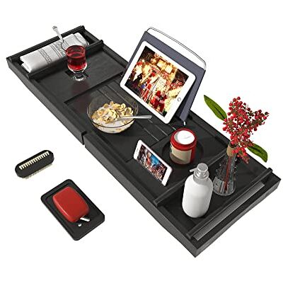 Bamfan Bath Caddy Tray for Bathtub Bamboo Adjustable Organizer Tray for Bathroom with Free Soap Dish Suitable for Luxury Spa or Reading, Brown,black Bamfan Bath Caddy Tray for Bathtub Bamboo Adjustable Organizer Tray for Bathroom with Free Soap Dish Suitable for Luxury Spa or Reading, Brown,black