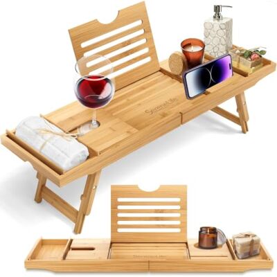 SereneLife Bath Caddy Breakfast Food Tray Table Combo, Extendable Waterproof Natural Bamboo Wood Tub and Bed Tray Rack w/Folding Slide-Out Arms, Device Grooves, Wine Glass Soap Holder SereneLife Bath Caddy Breakfast Food Tray Table Combo, Extendable Waterproof Natural Bamboo Wood Tub and Bed Tray Rack w/Folding Slide-Out Arms, Device Grooves, Wine Glass Soap Holder