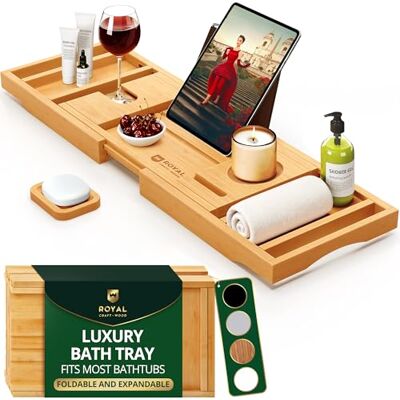 ROYAL CRAFT WOOD Luxury Bathtub Caddy Tray, 1 or 2 Person Bath and Bed Tray, Bath Tub Table Caddy with Extending Sides Soap Dish (Natural) ROYAL CRAFT WOOD Luxury Bathtub Caddy Tray, 1 or 2 Person Bath and Bed Tray, Bath Tub Table Caddy with Extending Sides Soap Dish (Natural)