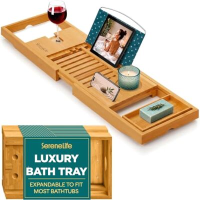 SereneLife Bamboo Bathtub Tray – Adjustable Caddy, Book & Tablet Holder, Removable Accessory Trays, Ergonomic Design, Wine Glass Slot, Relaxing Spa Gift for Home or Bathroom Use Natural SereneLife Bamboo Bathtub Tray – Adjustable Caddy, Book & Tablet Holder, Removable Accessory Trays, Ergonomic Design, Wine Glass Slot, Relaxing Spa Gift for Home or Bathroom Use Natural