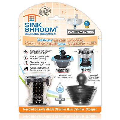 SinkShroom Revolutionary Bathroom Sink Drain Protector Hair Catcher, Strainer, Snare, Black with Stopper SinkShroom Revolutionary Bathroom Sink Drain Protector Hair Catcher, Strainer, Snare, Black with Stopper