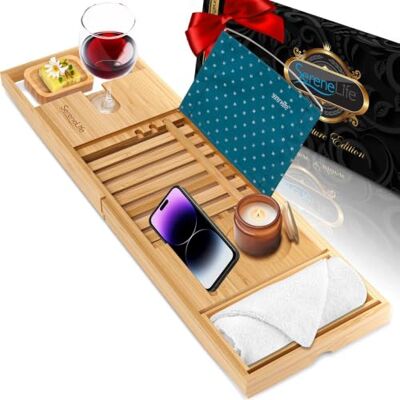 SereneLife Bamboo Bathtub Tray – Adjustable Caddy, Book & Tablet Holder, Removable Accessory Trays, Ergonomic Design, Wine Glass Slot, Relaxing Spa Gift for Home or Bathroom Use Natural SereneLife Bamboo Bathtub Tray – Adjustable Caddy, Book & Tablet Holder, Removable Accessory Trays, Ergonomic Design, Wine Glass Slot, Relaxing Spa Gift for Home or Bathroom Use Natural