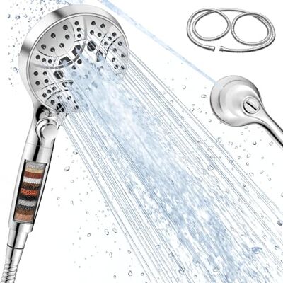 Euqvunn Filter Shower Head and 1.5m Hose with Integrated Power Wash 9-Spray Setting High Pressure Showerhead with Stop Button, Optimized for UK Hard Water Easy Tool-Free Installation Euqvunn Filter Shower Head and 1.5m Hose with Integrated Power Wash 9-Spray Setting High Pressure Showerhead with Stop Button, Optimized for UK Hard Water Easy Tool-Free Installation