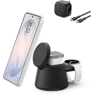 Belkin Ultracharge 3-in-1 Wireless Charging Station w/USB C Port for Smartwatch (watch charger not included), Qi2.2 Magnetic Charger 25W for Samsung S26, Galaxy Watch, Apple Watch, with 45W Adapter Belkin Ultracharge 3-in-1 Wireless Charging Station w/USB C Port for Smartwatch (watch charger not included), Qi2.2 Magnetic Charger 25W for Samsung S26, Galaxy Watch, Apple Watch, with 45W Adapter
