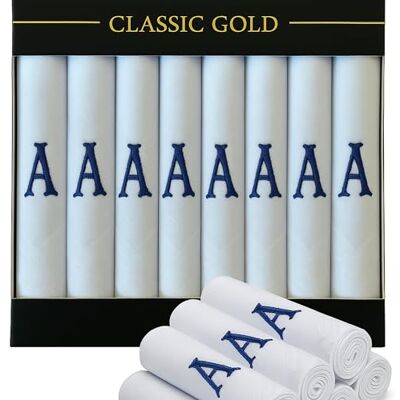 DUDU N GIRLIE 7 Pack of Mens/Gentlemens White Satin Bordered Handkerchiefs with & Blue Embroidered Initials, A, One Size DUDU N GIRLIE 7 Pack of Mens/Gentlemens White Satin Bordered Handkerchiefs with & Blue Embroidered Initials, A, One Size