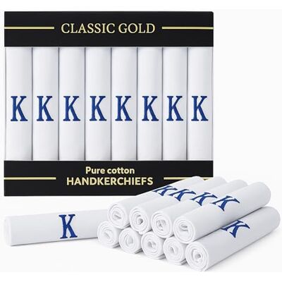 DUDU N GIRLIE Mens/Gentlemens White Satin Bordered Handkerchiefs with & Blue Embroidered Initials, K, One Size DUDU N GIRLIE Mens/Gentlemens White Satin Bordered Handkerchiefs with & Blue Embroidered Initials, K, One Size