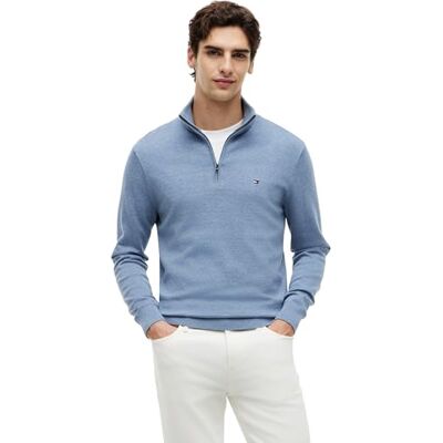 Tommy Hilfiger Men's Essential Cotton Zip Mock Mw0Mw37331 Half Zip Sweater, Blue (Brisk Blue Heather), M Tommy Hilfiger Men's Essential Cotton Zip Mock Mw0Mw37331 Half Zip Sweater, Blue (Brisk Blue Heather), M